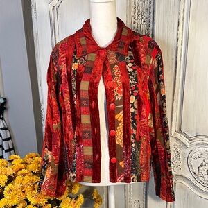 Coldwater Creek Vintage Red Velvet Floral Patchwork Jacket